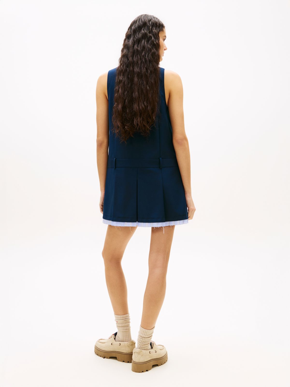 Tonal Logo Appliqué Pleated Mini Dress — Blue