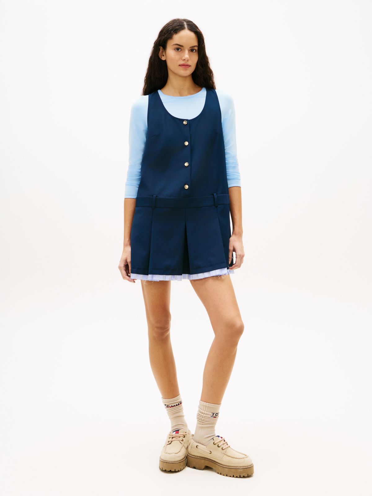 Tonal Logo Appliqué Pleated Mini Dress — Blue