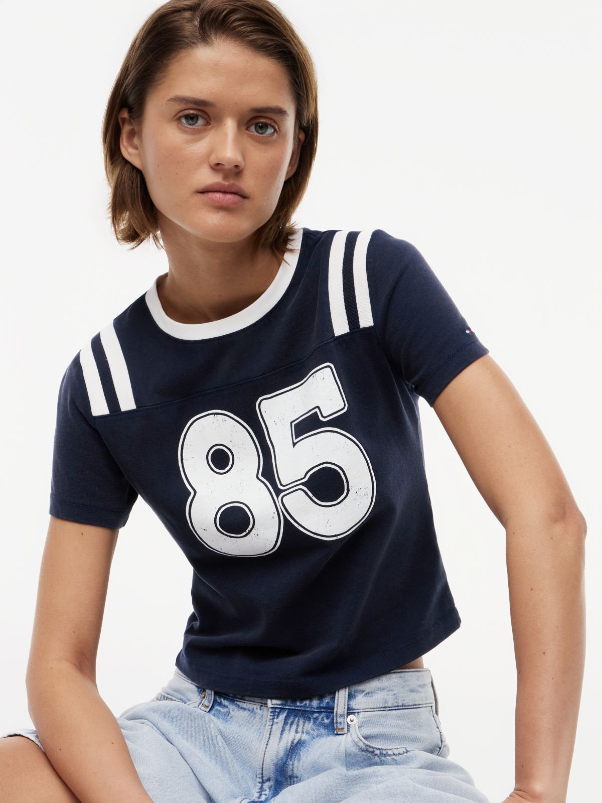 Logo Peached Jersey Slim T-Shirt — Blue