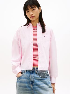 pink luźna koszula z popeliny o skróconym kroju dla kobiety - tommy jeans