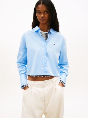 blue relaxed fit ruffle poplin shirt for women tommy jeans