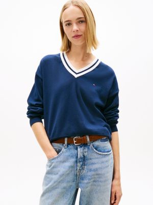blue relaxed tipped v-neck jumper for women tommy jeans