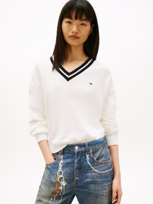 white relaxed tipped v-neck jumper for women tommy jeans