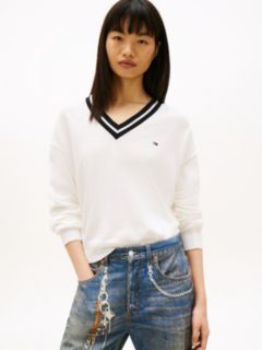 Relaxed Tipped V-Neck Jumper — White 1