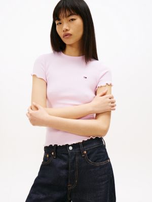 pink ruffle trim ribbed t-shirt for women tommy jeans
