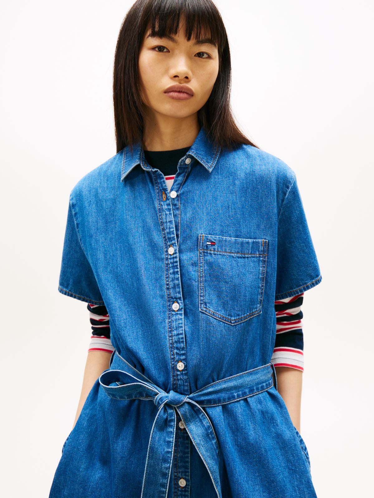 Chambray Belted Mini Shirt Dress — Blue