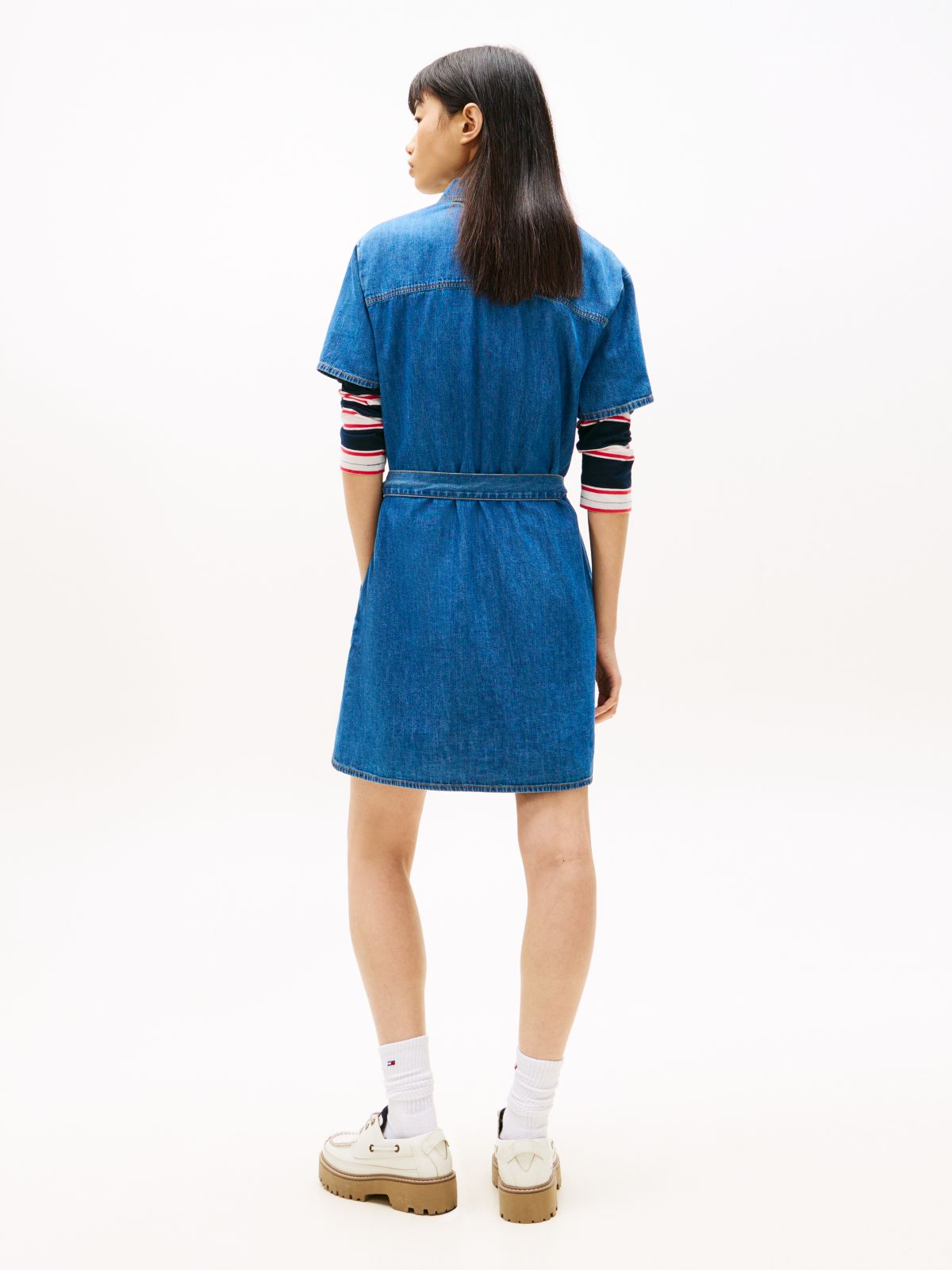 Chambray Belted Mini Shirt Dress — Blue