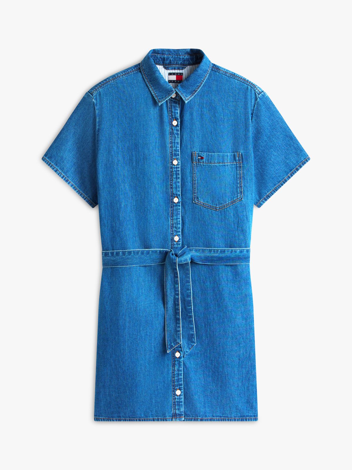 Chambray Belted Mini Shirt Dress — Blue