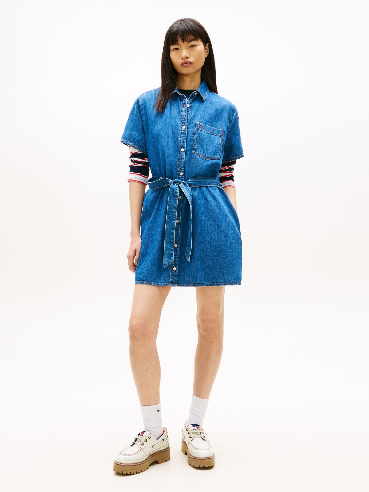 Chambray Belted Mini Shirt Dress — Blue