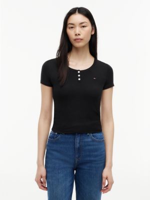 black slim henley t-shirt for women tommy jeans
