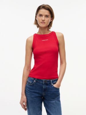 red slim fit geribde tanktop met logo voor dames - tommy jeans