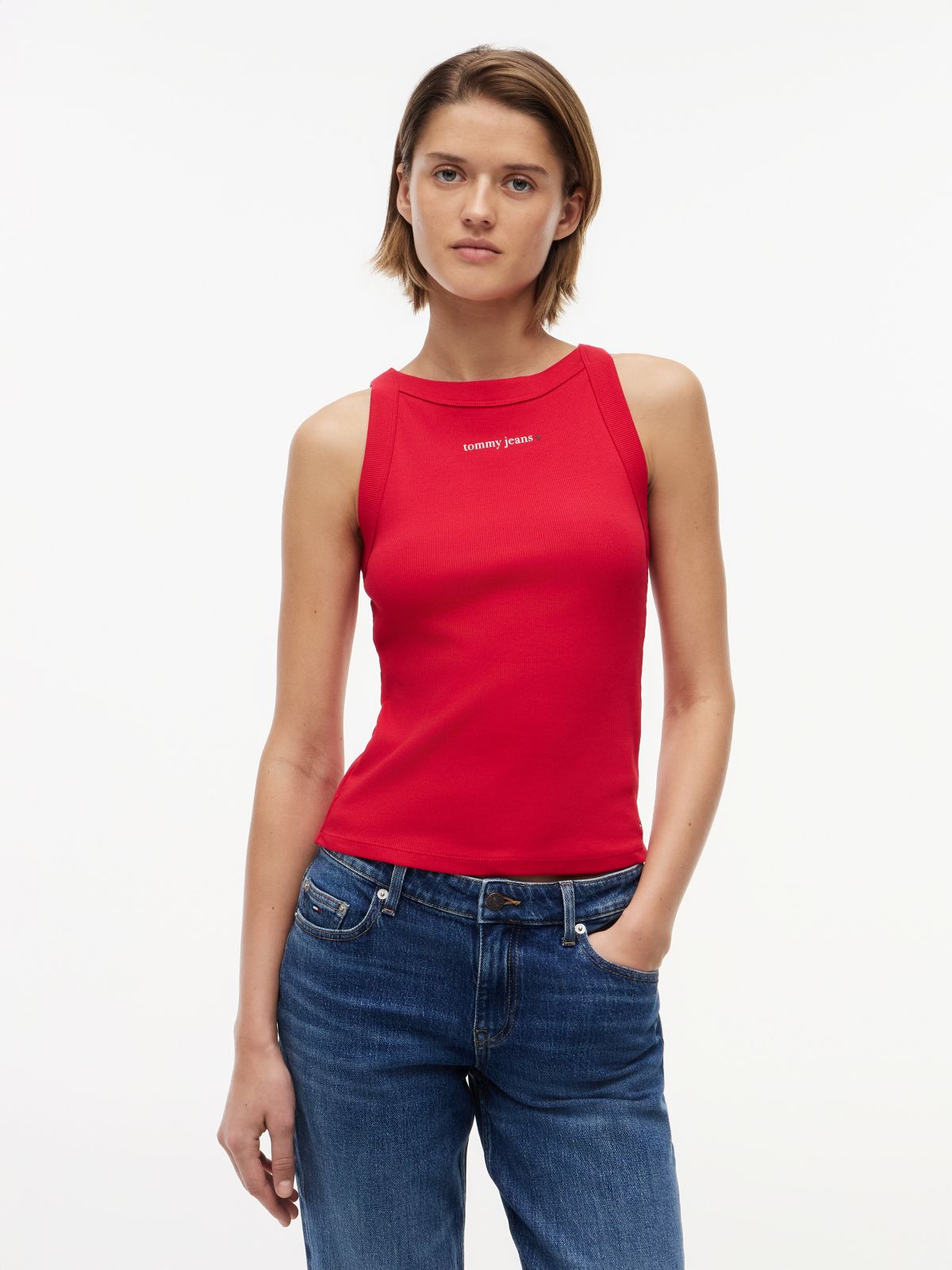 Logo Ribbed Slim Tank Top — Red