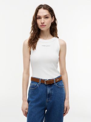 white geripptes slim fit tanktop mit logo für damen - tommy jeans