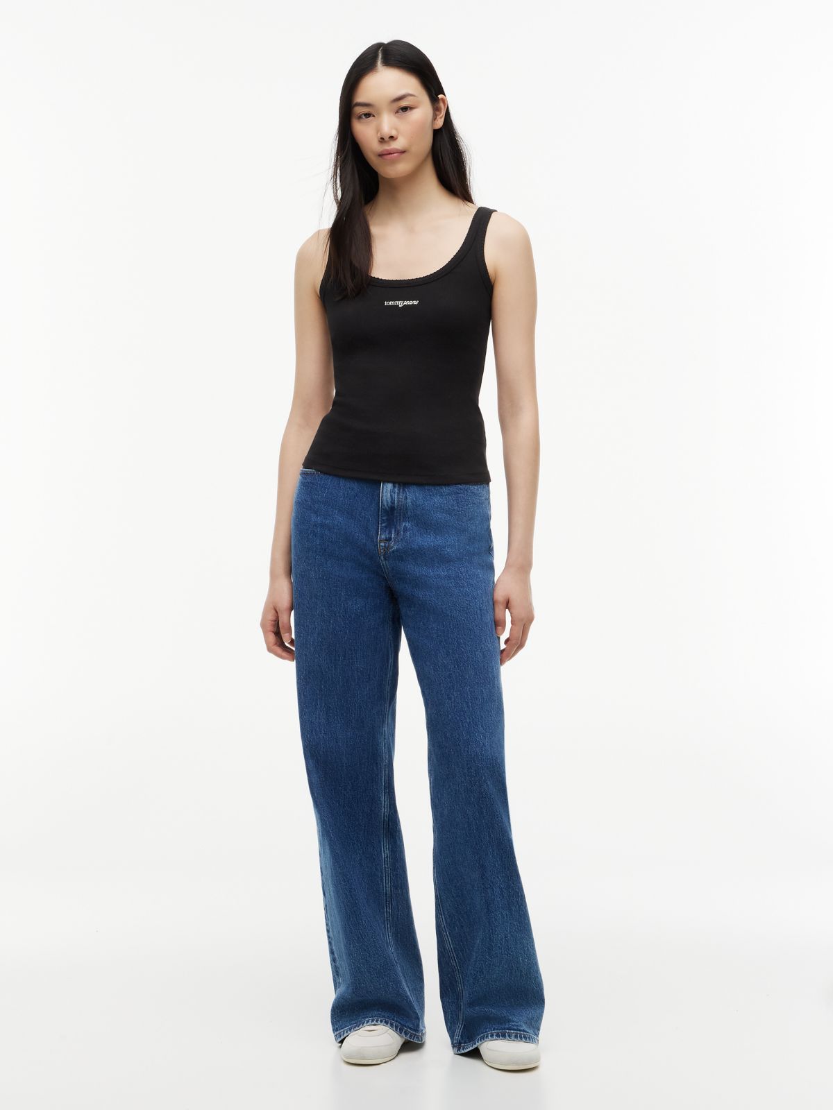 Logo Embroidery Slim Ribbed Tank Top — Black