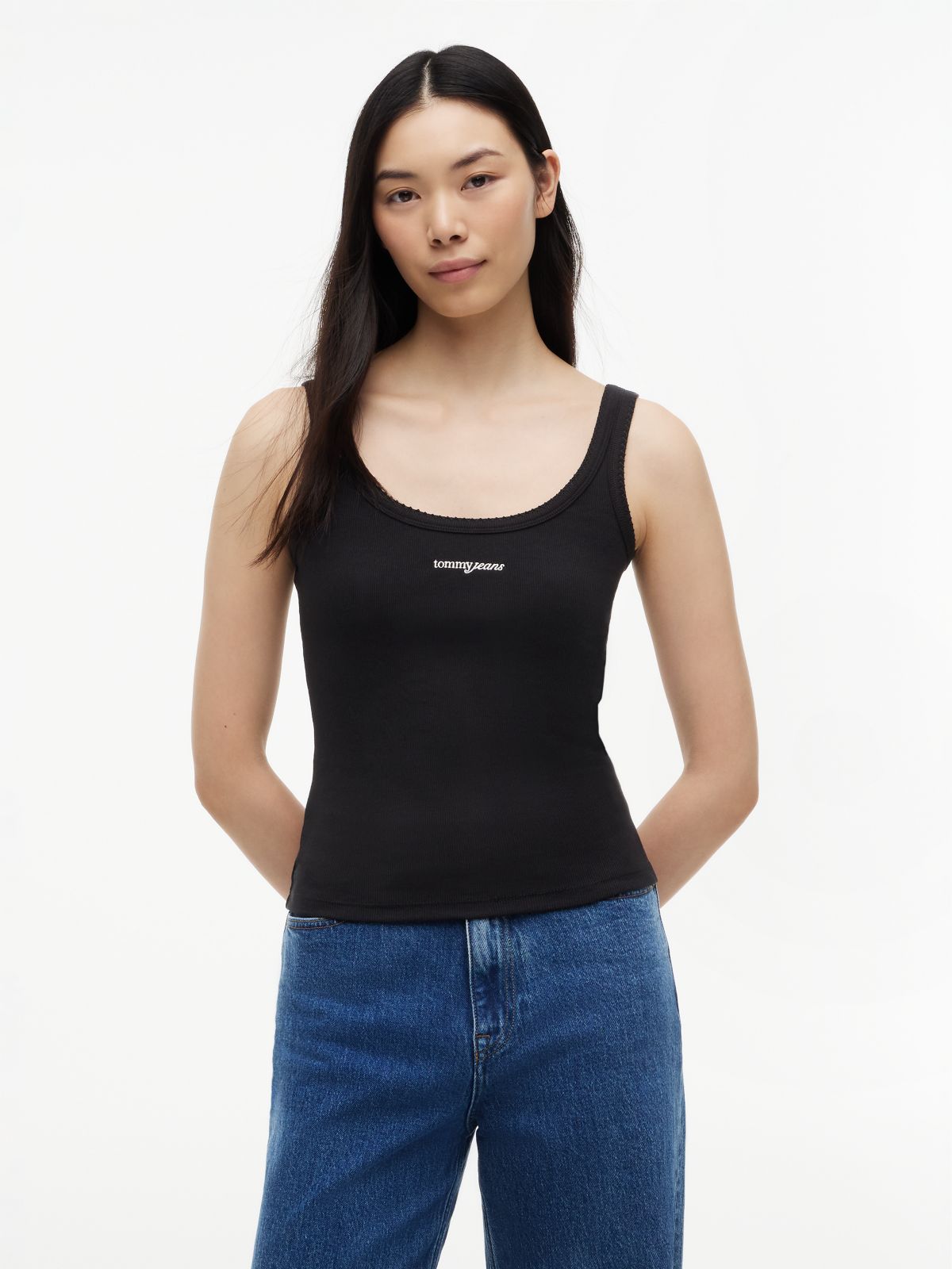 Logo Embroidery Slim Ribbed Tank Top — Black