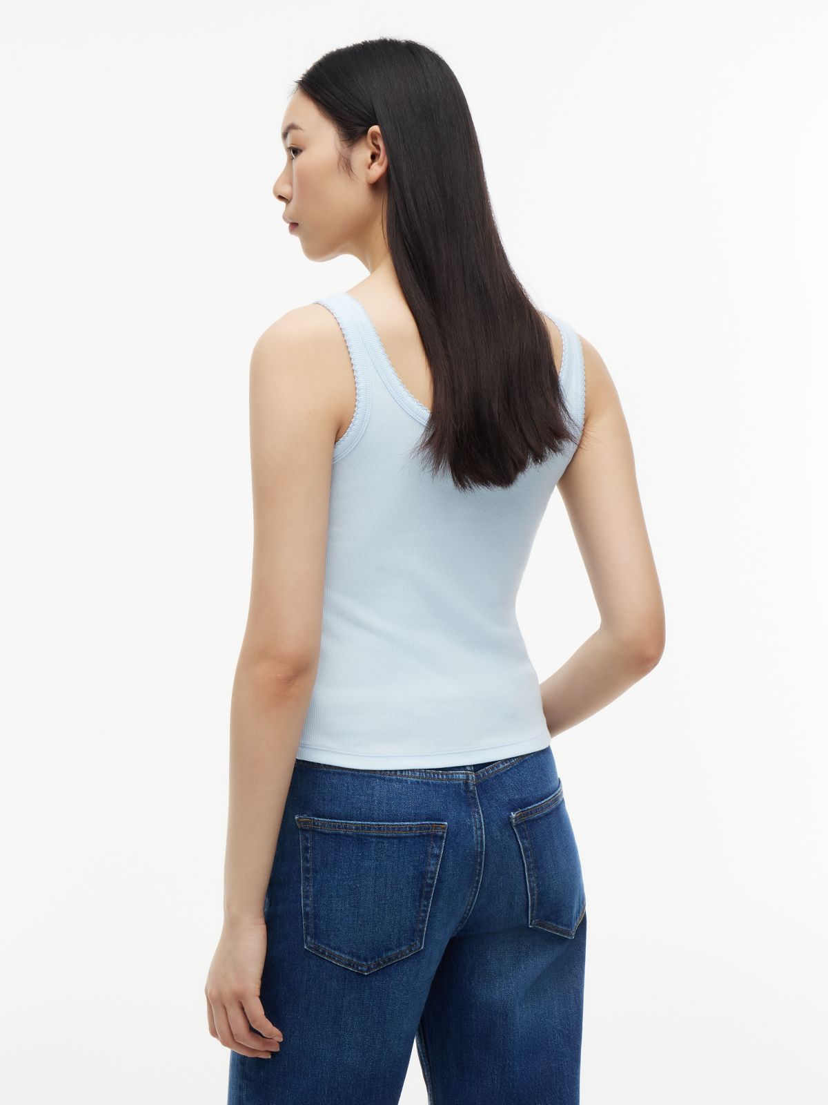 Logo Embroidery Slim Ribbed Tank Top — Blue