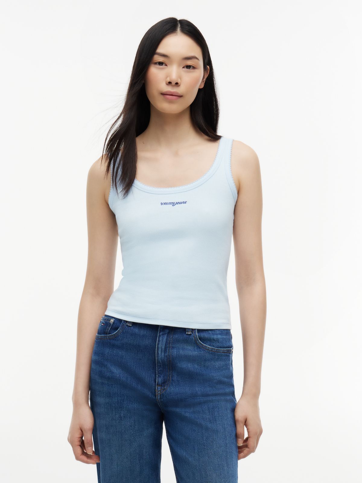 Logo Embroidery Slim Ribbed Tank Top — Blue