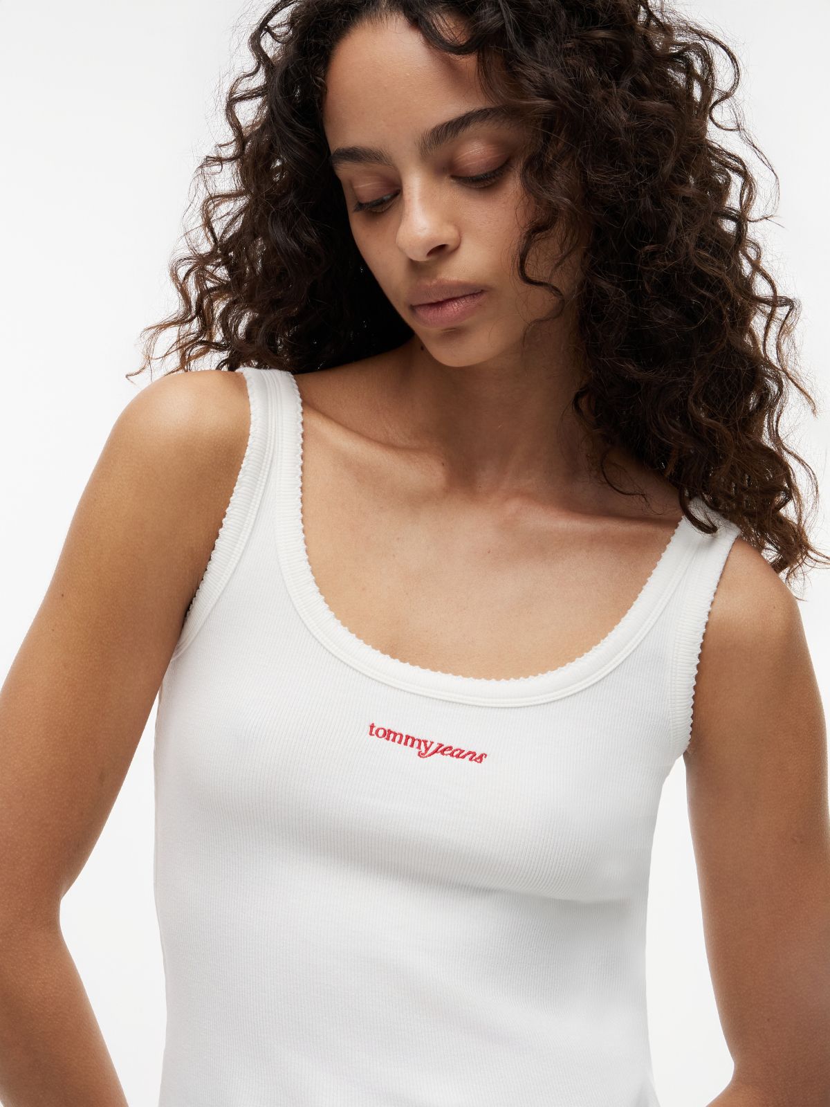 Logo Embroidery Slim Ribbed Tank Top — White
