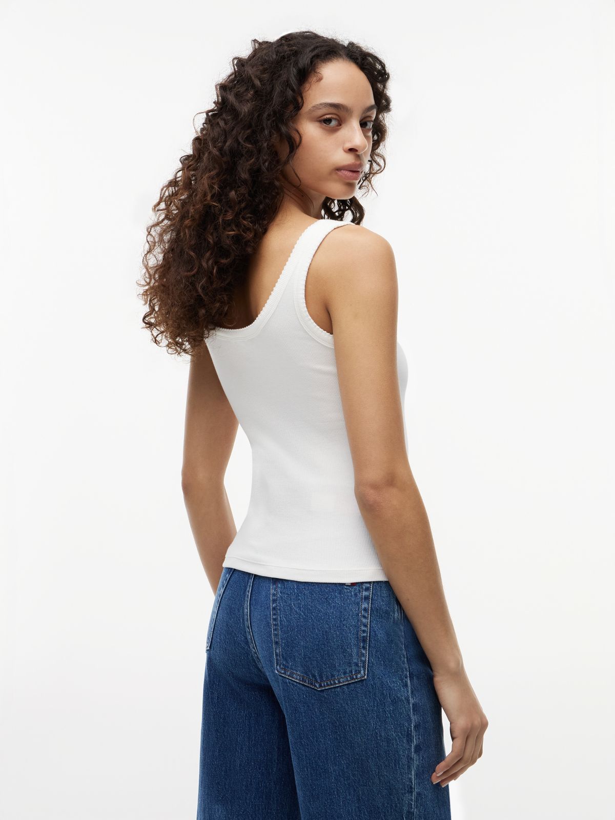 Logo Embroidery Slim Ribbed Tank Top — White