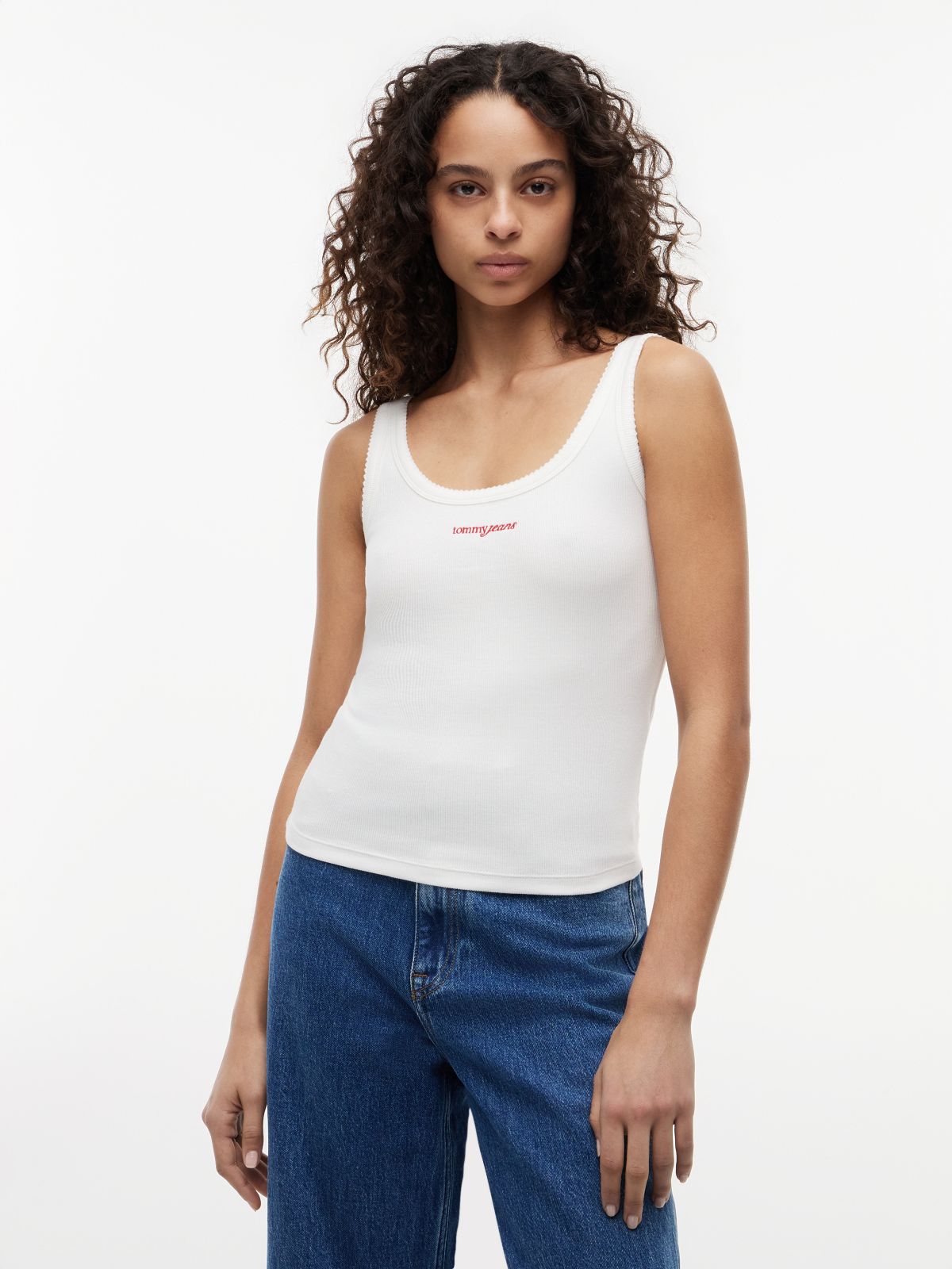 Logo Embroidery Slim Ribbed Tank Top — White