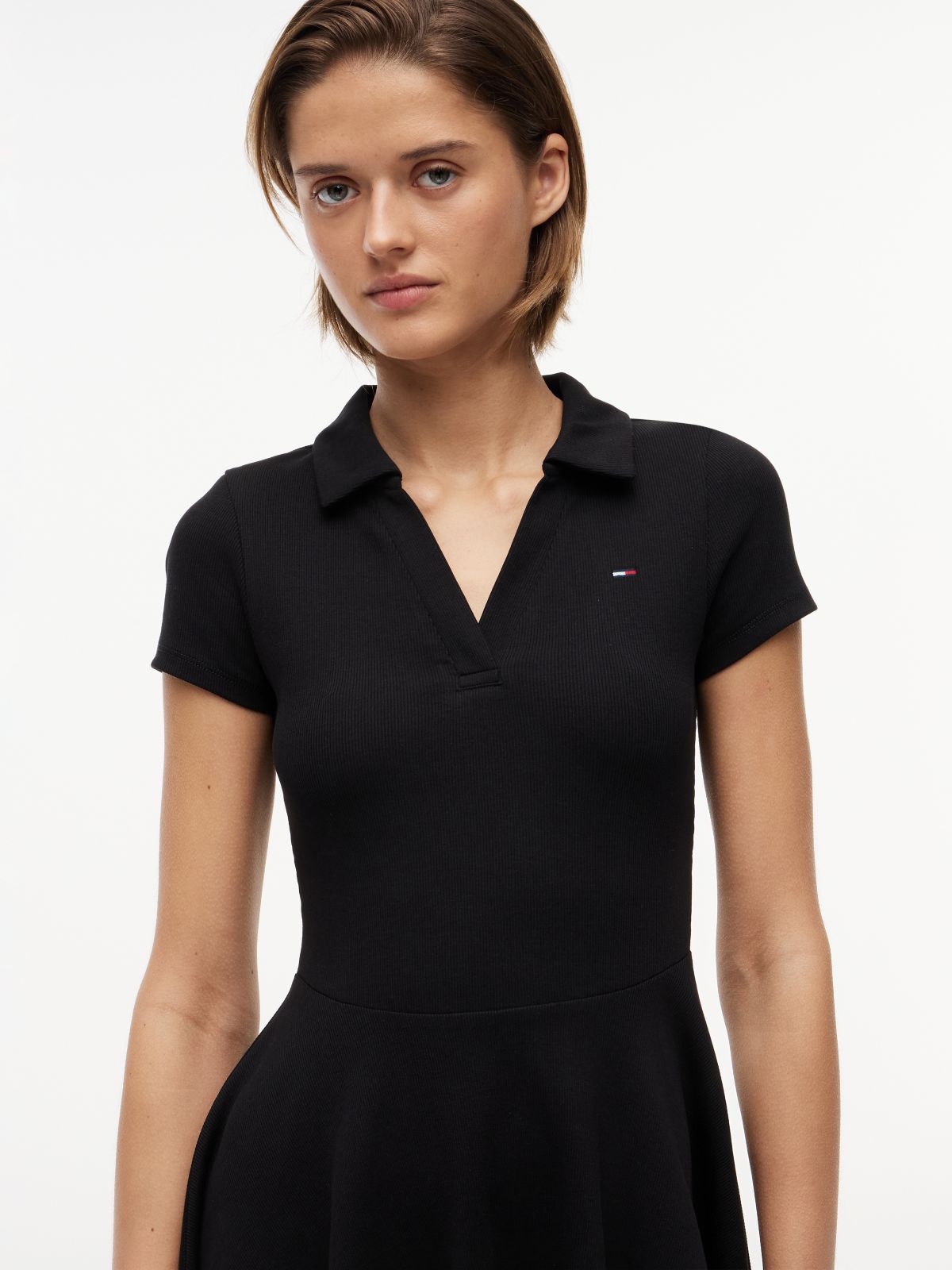 Ribbed Fit And Flare Mini Polo Dress — Black