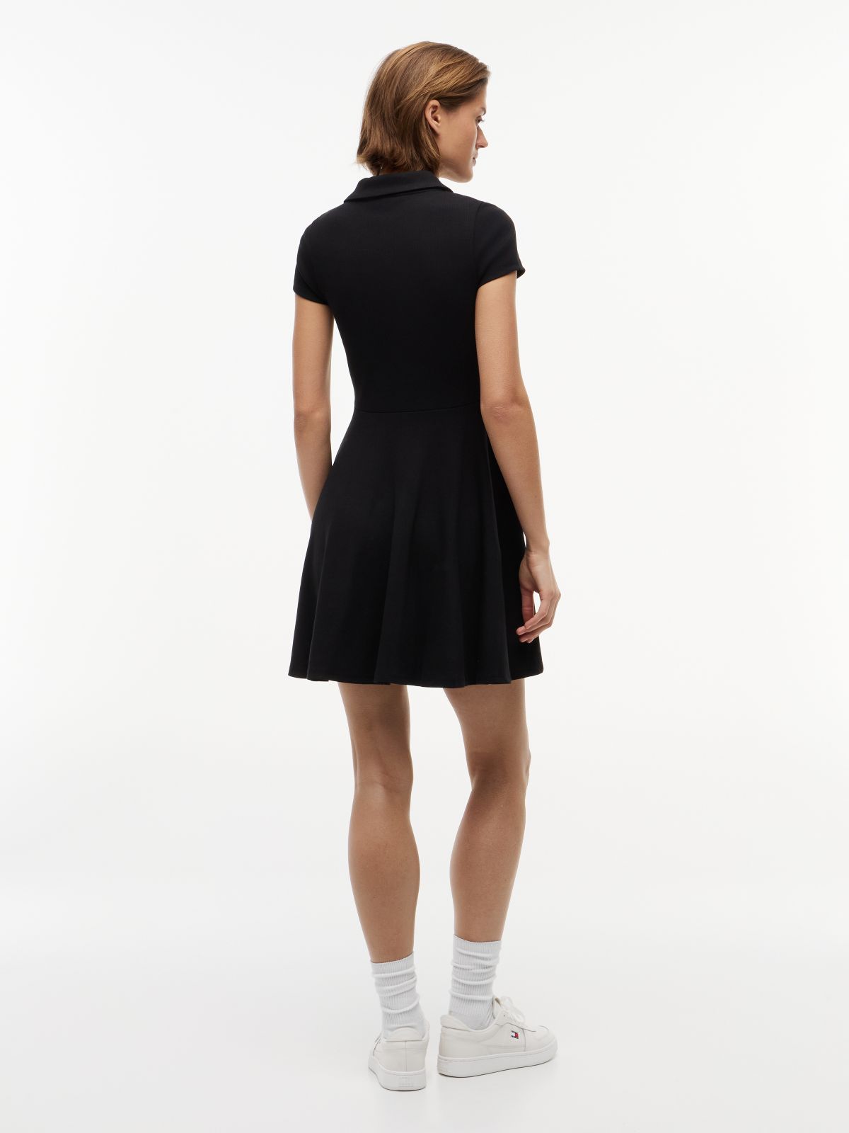 Ribbed Fit And Flare Mini Polo Dress — Black