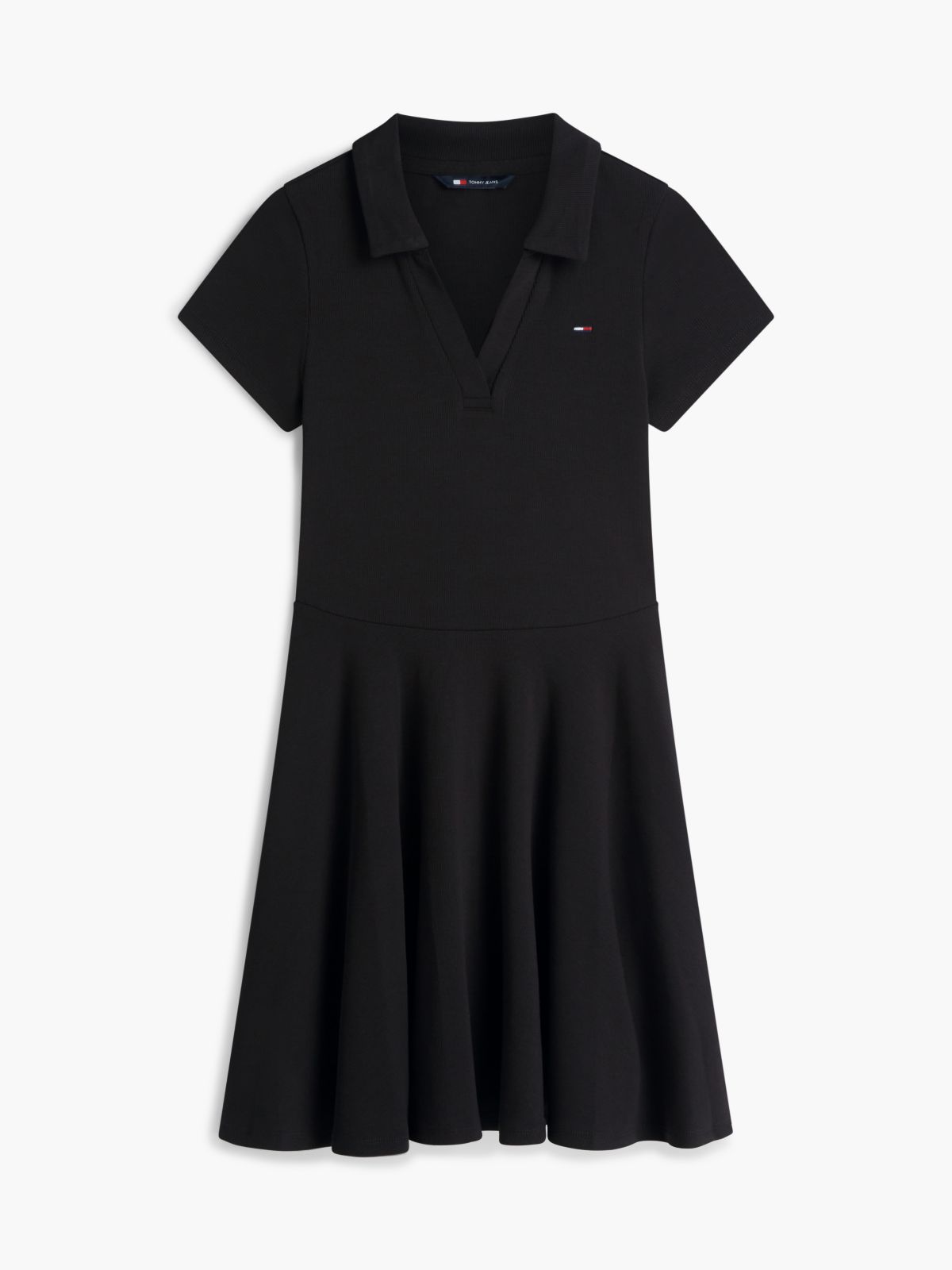 Ribbed Fit And Flare Mini Polo Dress — Black