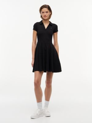 black ribbed fit and flare mini polo dress for women tommy jeans
