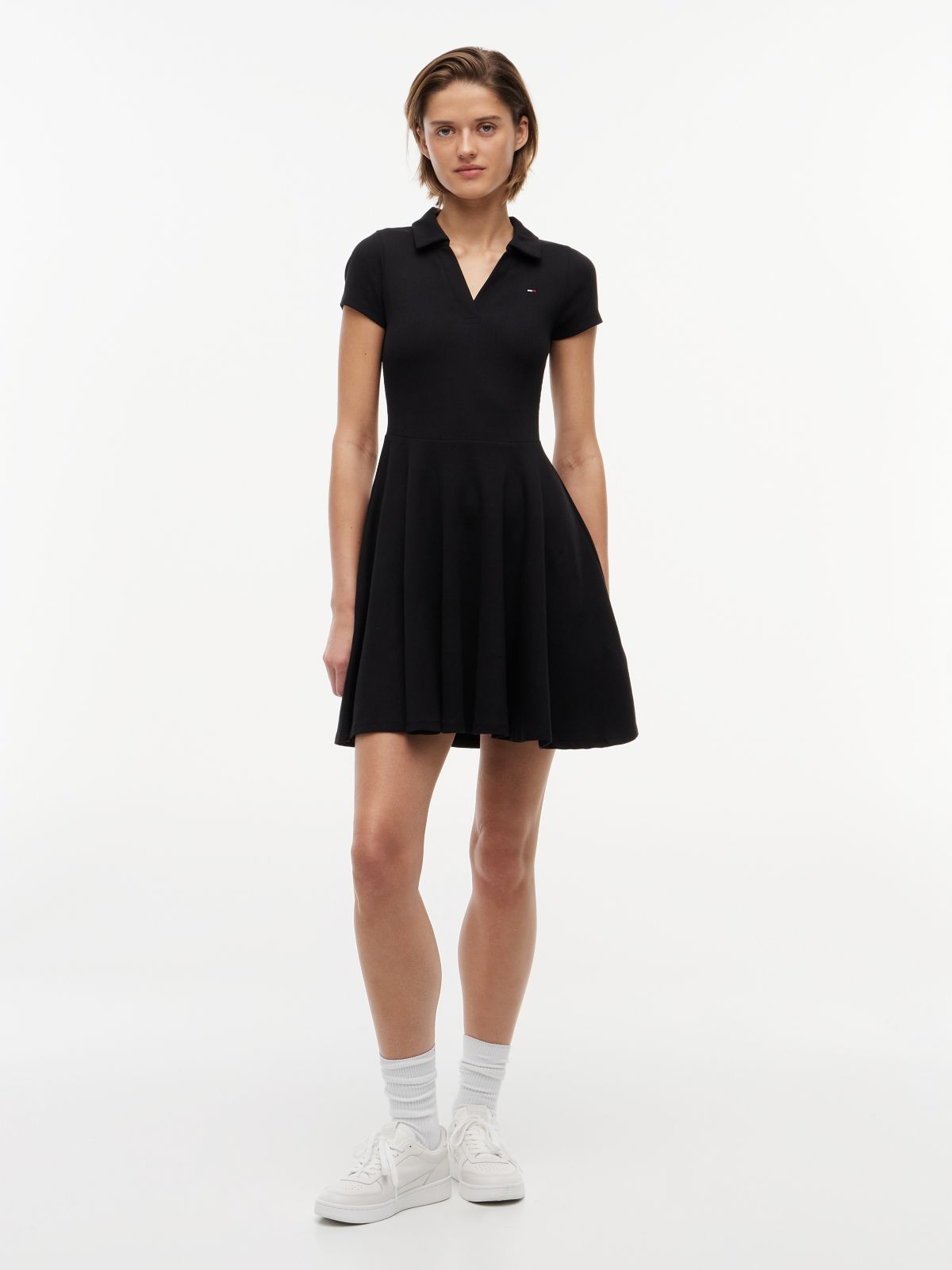 Ribbed Fit And Flare Mini Polo Dress — Black