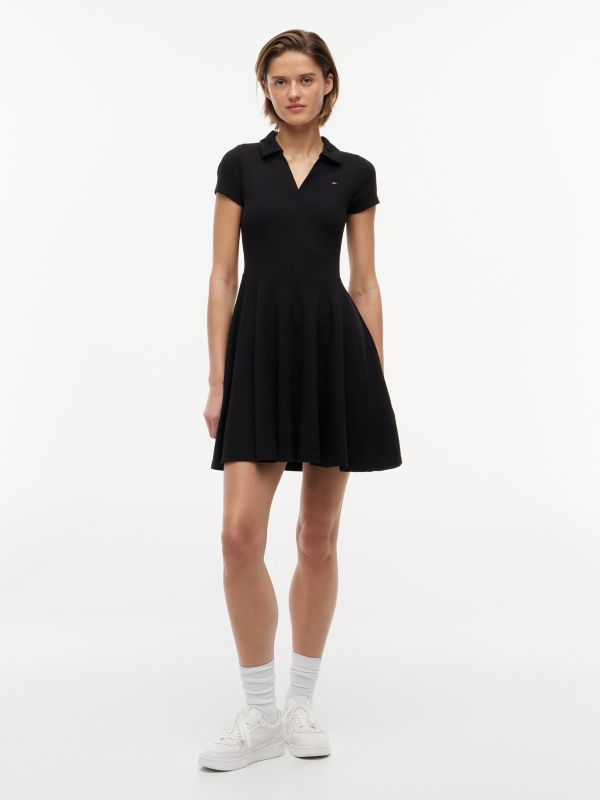 Ribbed Fit And Flare Mini Polo Dress — Black