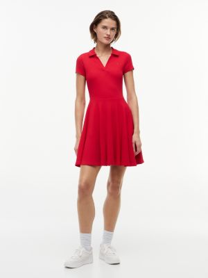 red ribbed fit and flare mini polo dress for women tommy jeans