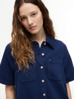 Textured Twill A-Line Mini Shirt Dress — Blue 2
