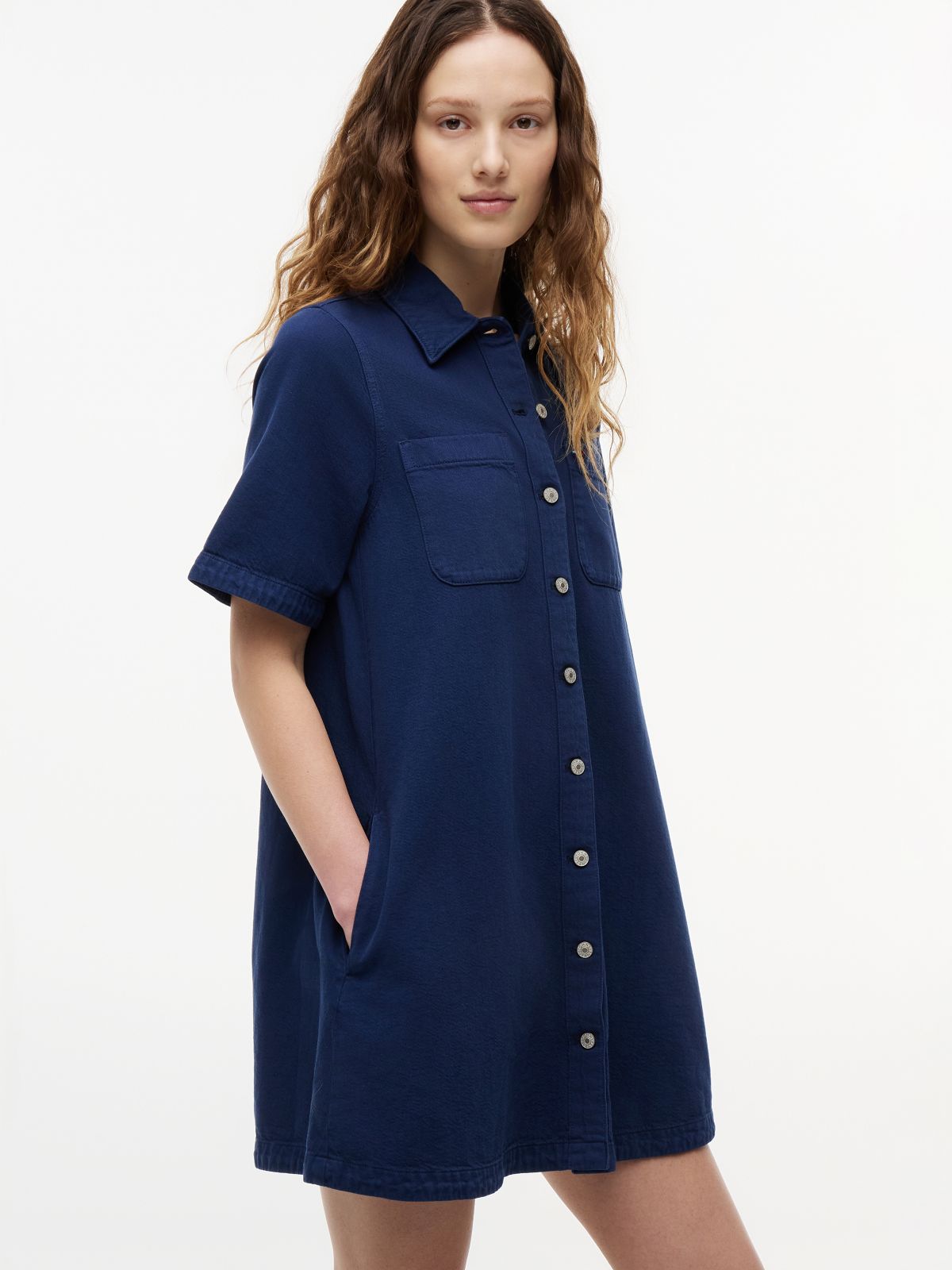 Textured Twill A-Line Mini Shirt Dress — Blue