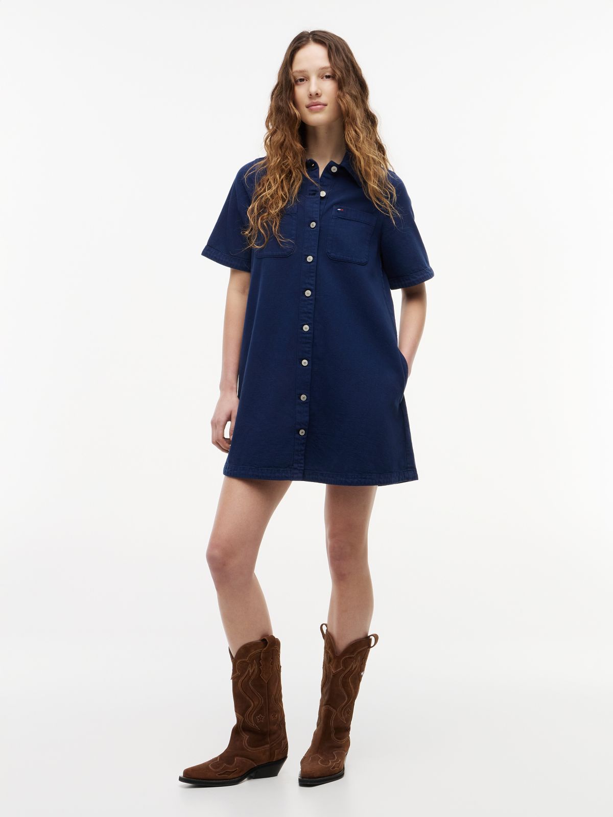 Textured Twill A-Line Mini Shirt Dress — Blue