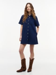 Textured Twill A-Line Mini Shirt Dress — Blue 1