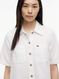 Textured Twill A-Line Mini Shirt Dress — White 2