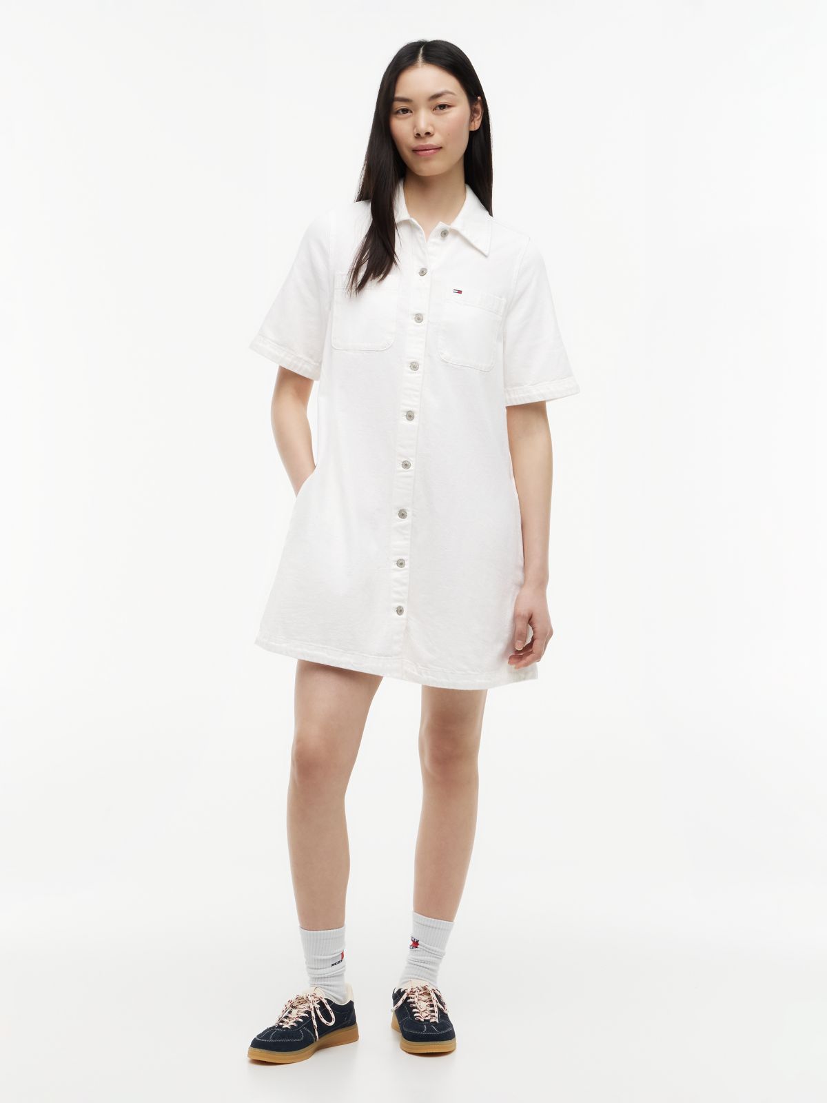 Textured Twill A-Line Mini Shirt Dress — White
