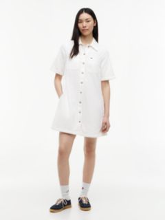 Textured Twill A-Line Mini Shirt Dress — White 1