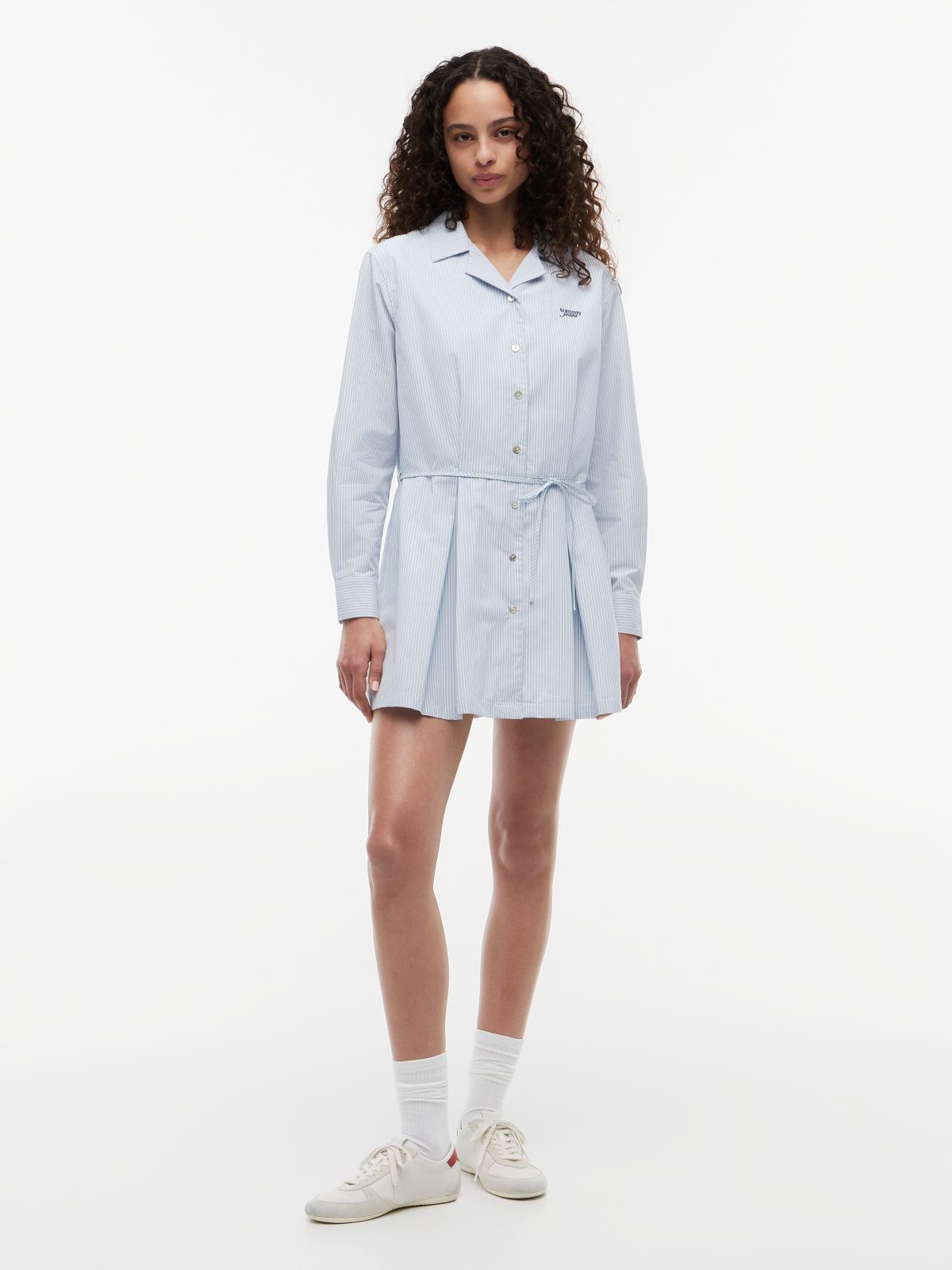 Stripe Pleated Mini Shirt Dress — Blue