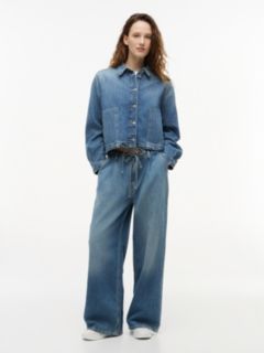 Drawstring Hem Relaxed Denim Jacket With Linen — Blue 2