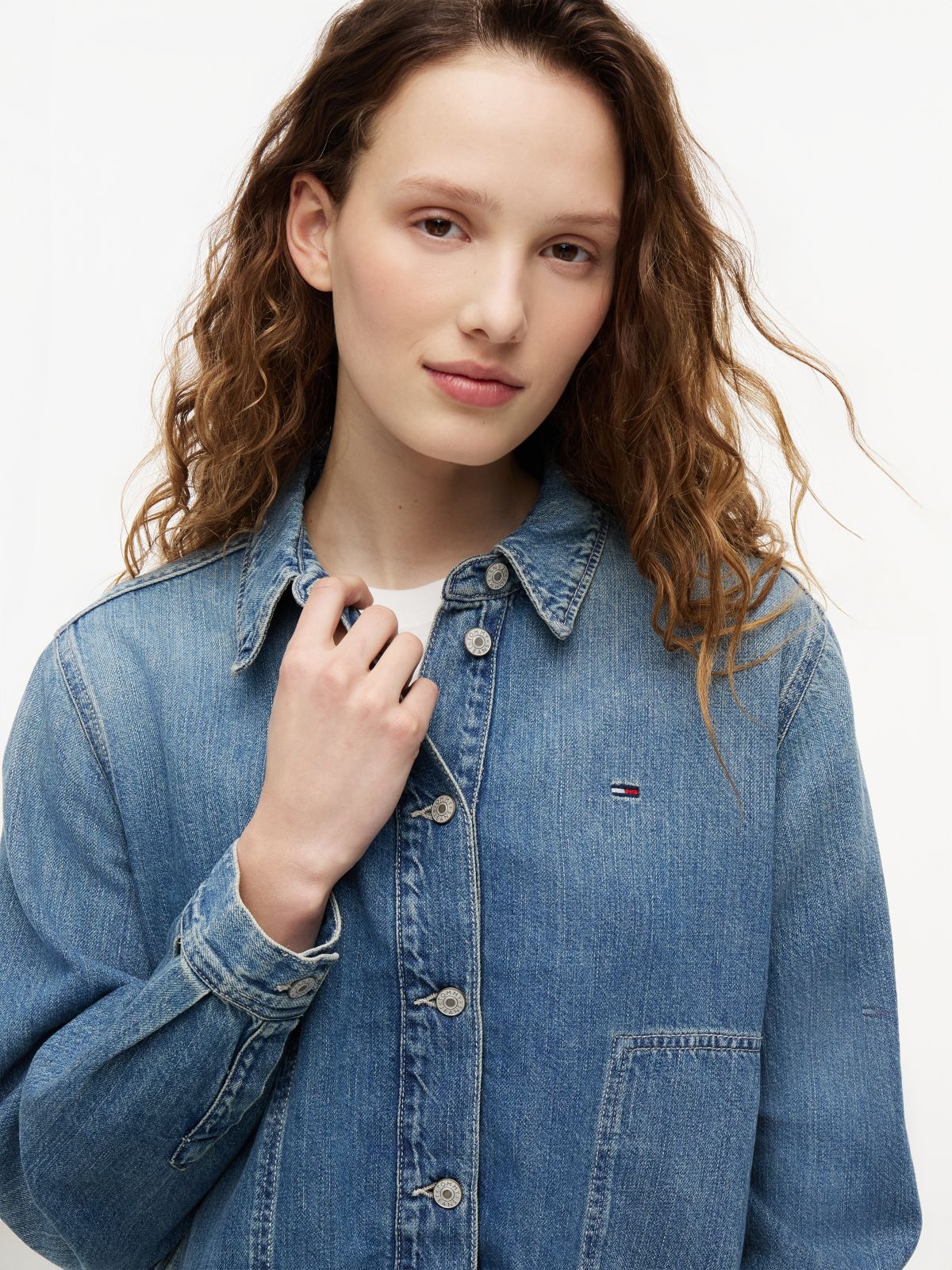 Drawstring Hem Relaxed Denim Jacket With Linen — Blue