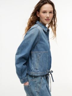 Drawstring Hem Relaxed Denim Jacket With Linen — Blue 4
