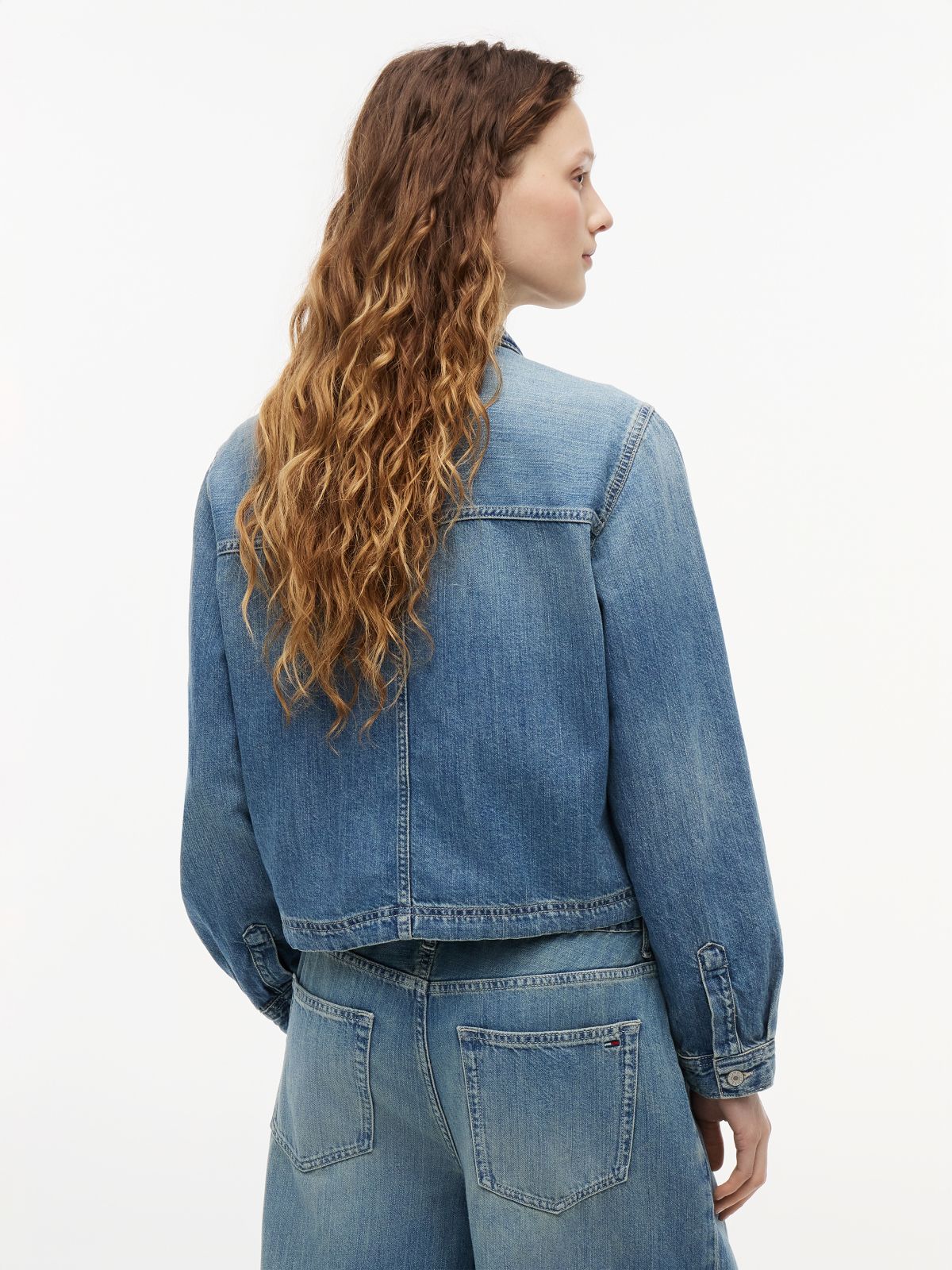 Drawstring Hem Relaxed Denim Jacket With Linen — Blue