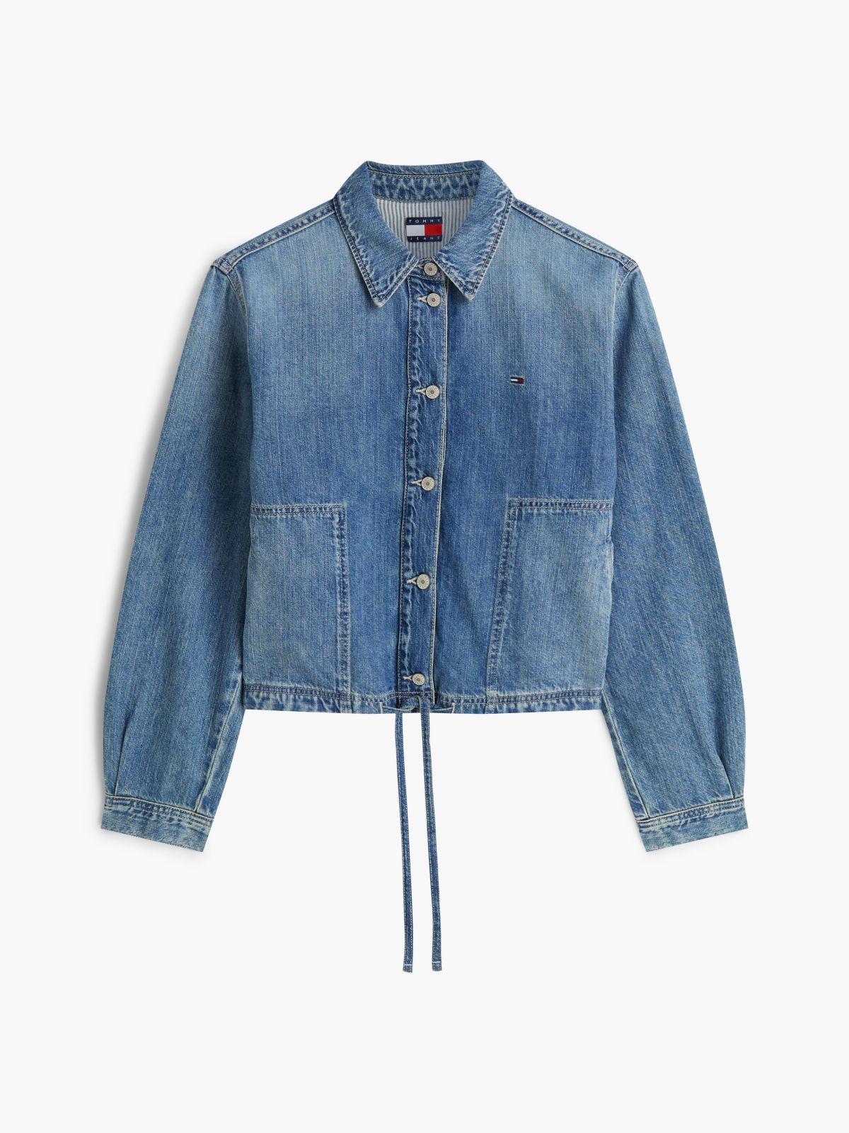 Drawstring Hem Relaxed Denim Jacket With Linen — Blue