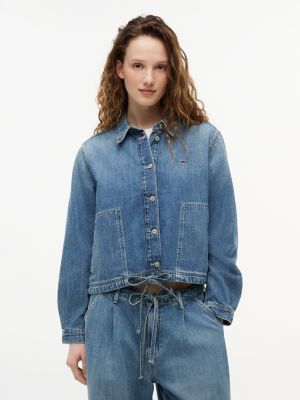 denim drawstring hem relaxed denim jacket with linen for women tommy jeans