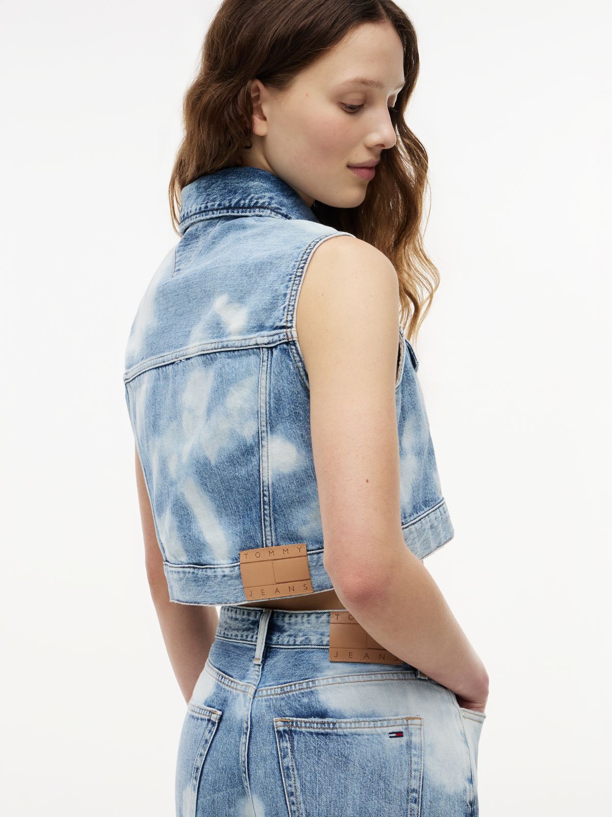 Tie-Dye Denim Cropped Trucker Vest — Blue