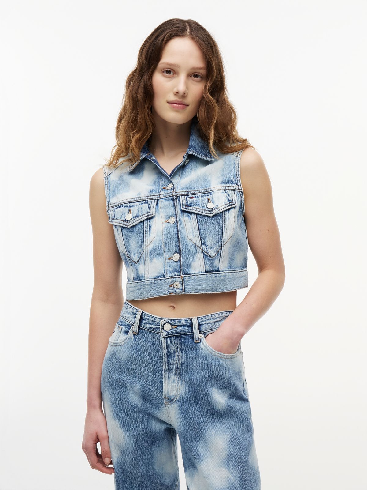Tie-Dye Denim Cropped Trucker Vest — Blue