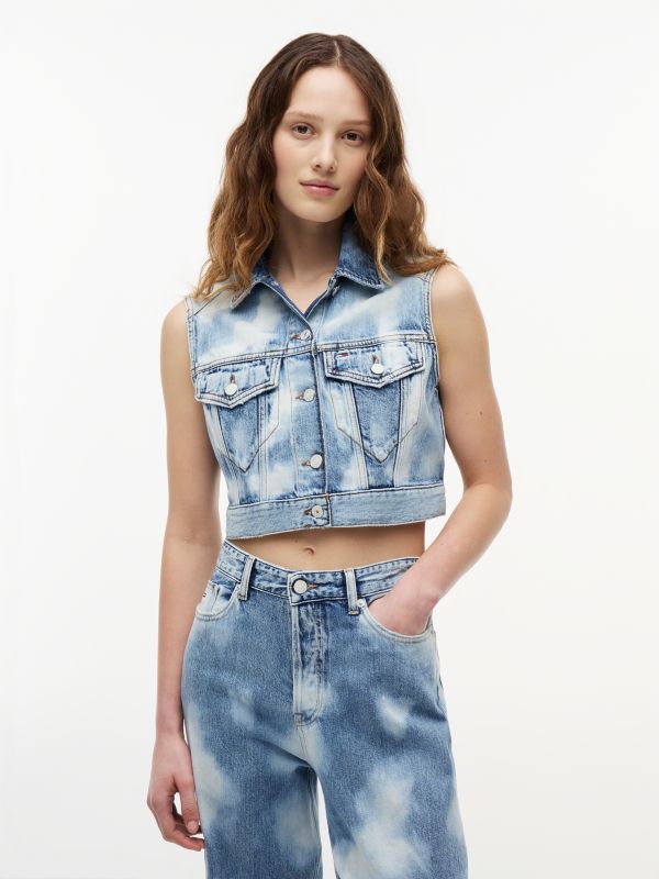 Tie-Dye Denim Cropped Trucker Vest — Blue