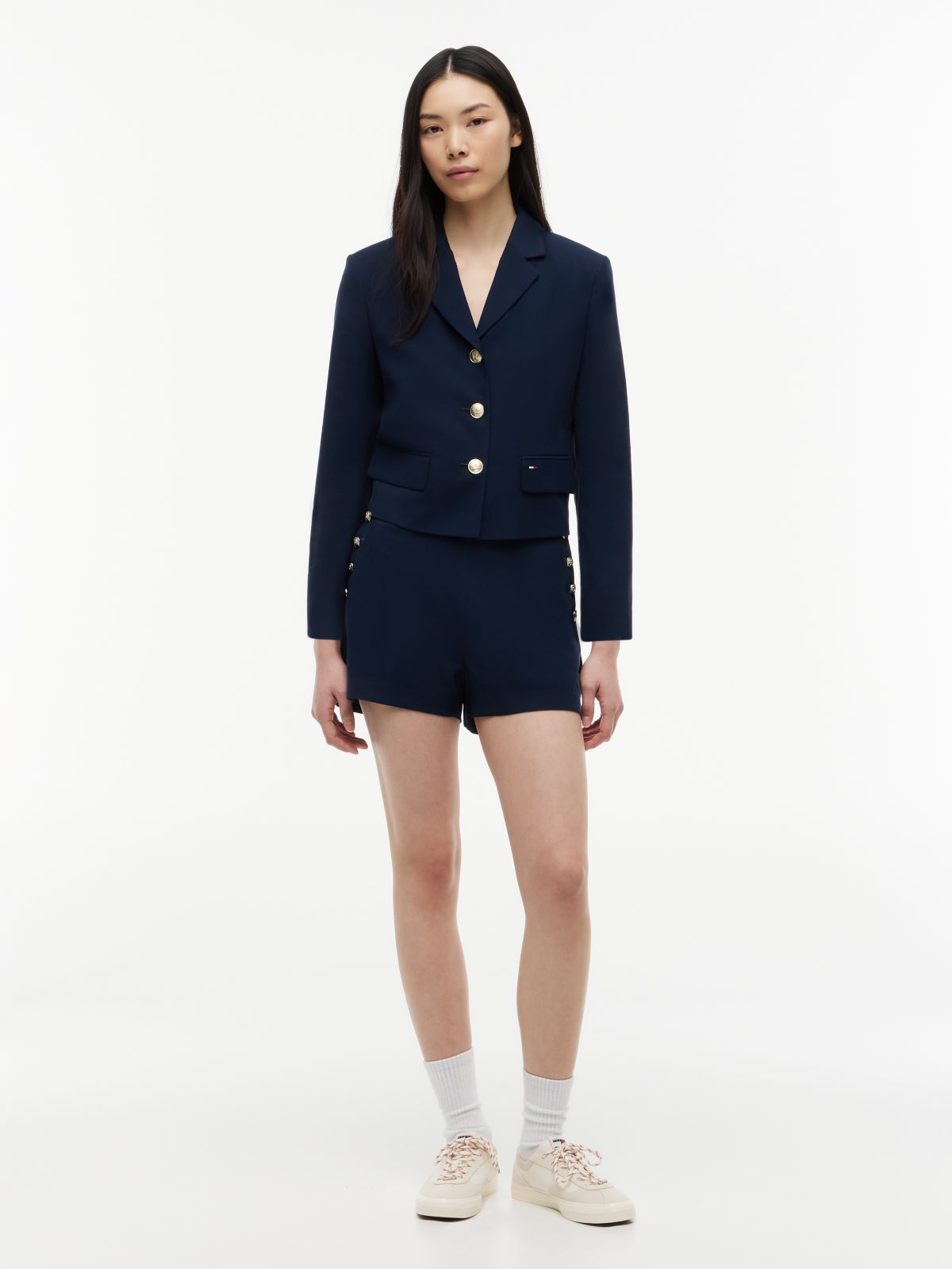 Gold-Tone Button Regular Fit Cropped Blazer — Blue