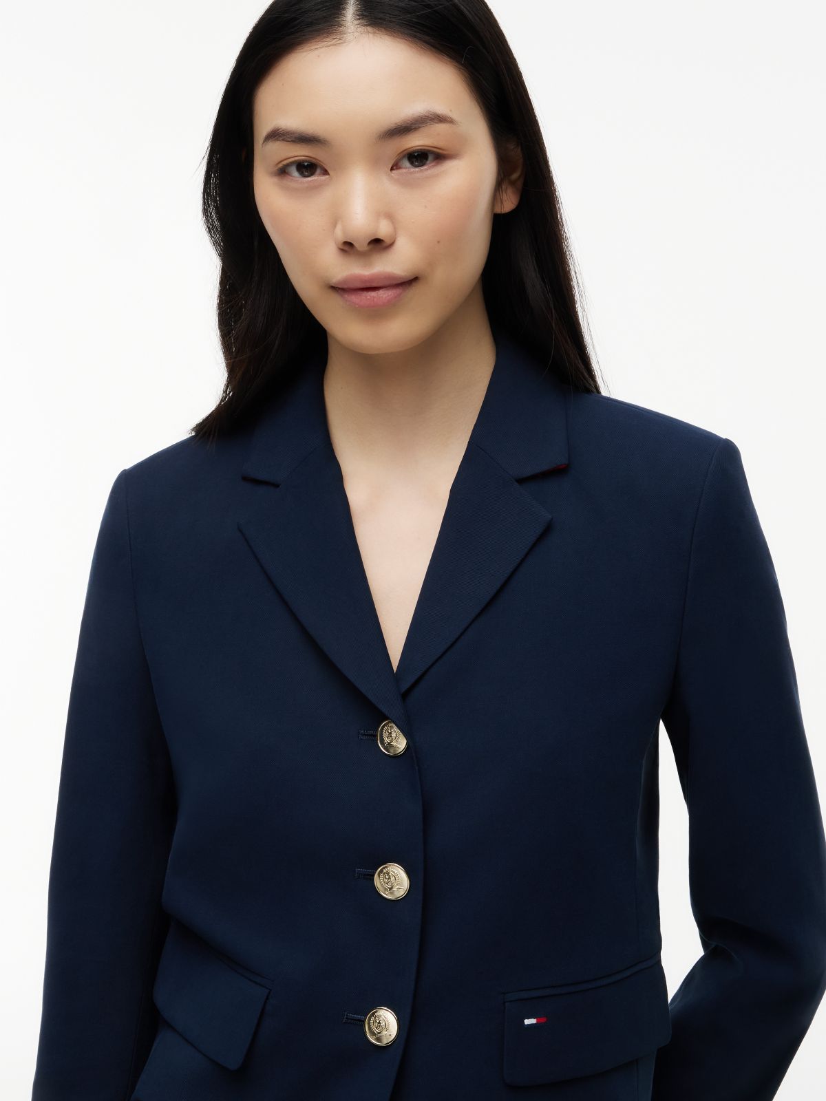 Gold-Tone Button Regular Fit Cropped Blazer — Blue